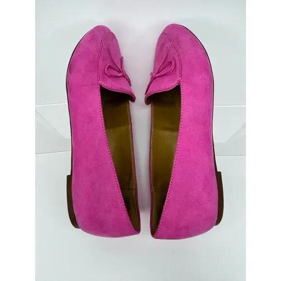 J Crew Ballet Flat Shoes Womens 9.5 Pink Bow Loafers Slip On Vegan Suede Preppy - Picture 11 of 13